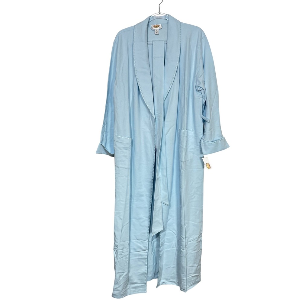 Talbots Robe Women Medium Light Blue Cotton French Terry Blanket Stitch Long NWT